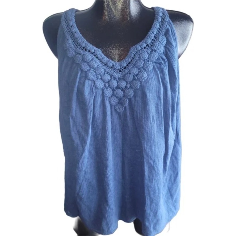 Chaps Denim Blue Ridge Crochet Tank Top Sleeveless Casual Blouse Small‎ NWT